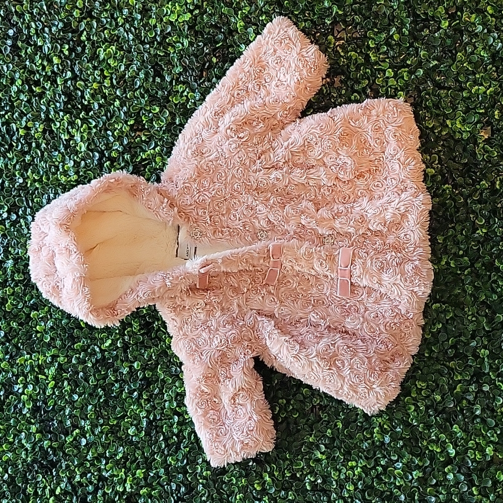 9 mos Faux fur pink rose swirl dress coat with hood